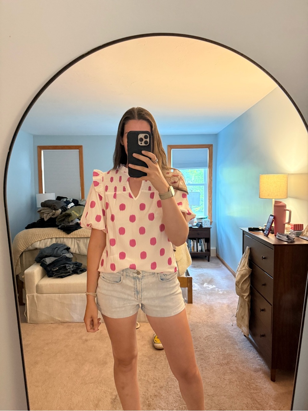 White and pink polka dot blouse